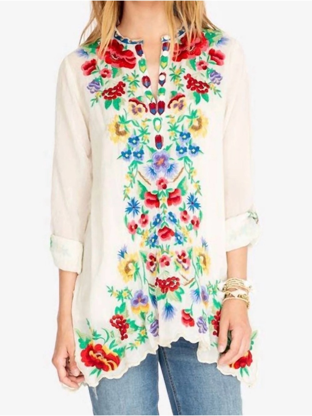Johnny Was White Embroidered Floral Tunic with Multicolor Accents